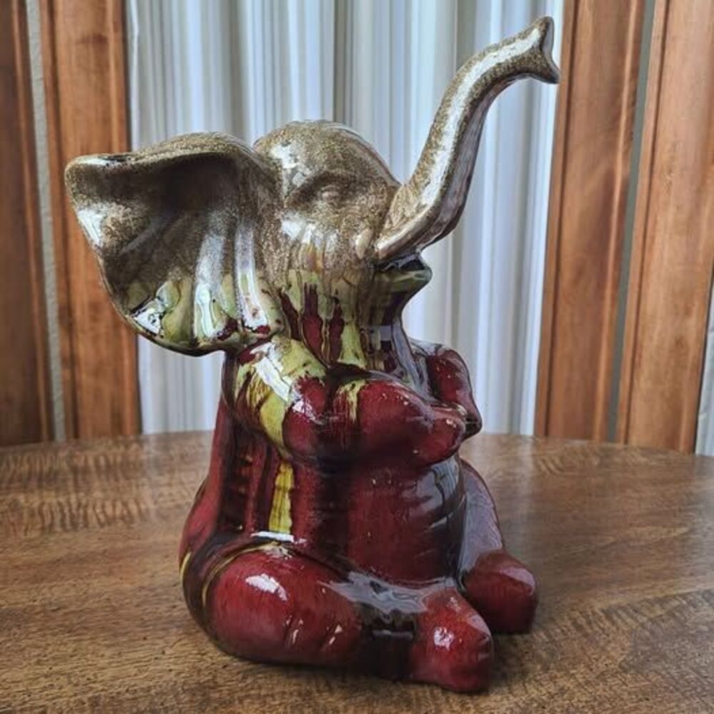 Vintage Drip Glaze Ceramic Elephant Figurine 10" Trunk Up